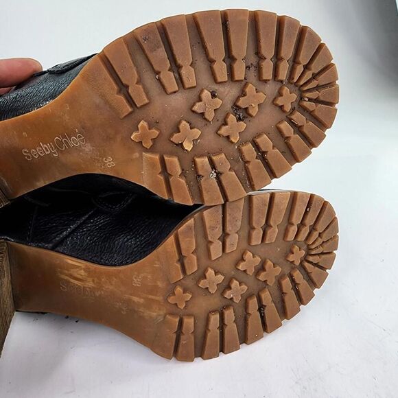 See by Chloe Knit Cuff Lace-Up Booties US 7.5 Black Leather Heel Booties Boot - Picture 9 of 13